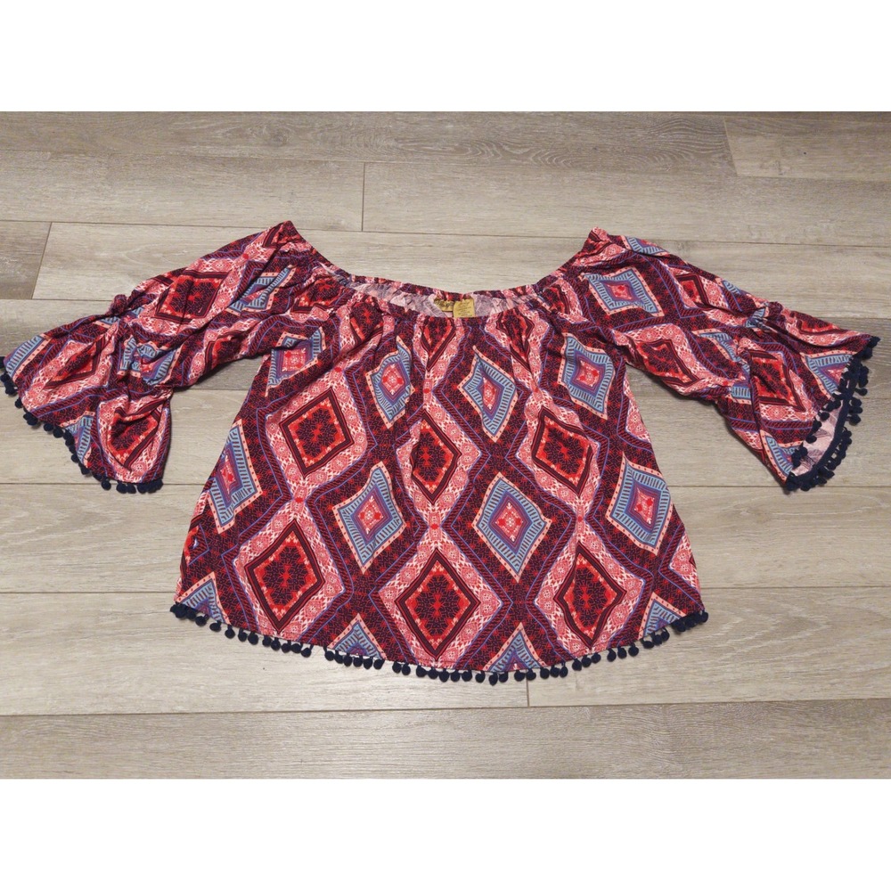 Wrangler Off Shoulder Top Womens Medium Red Blue Geometric‎ Boho Pom Pom